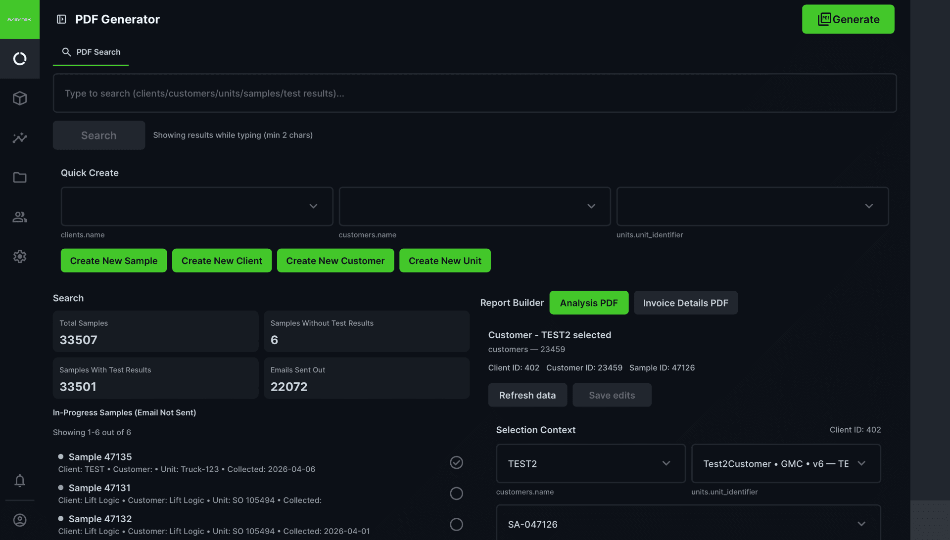 Ramatek Directus interface for lab data management and reporting workflows