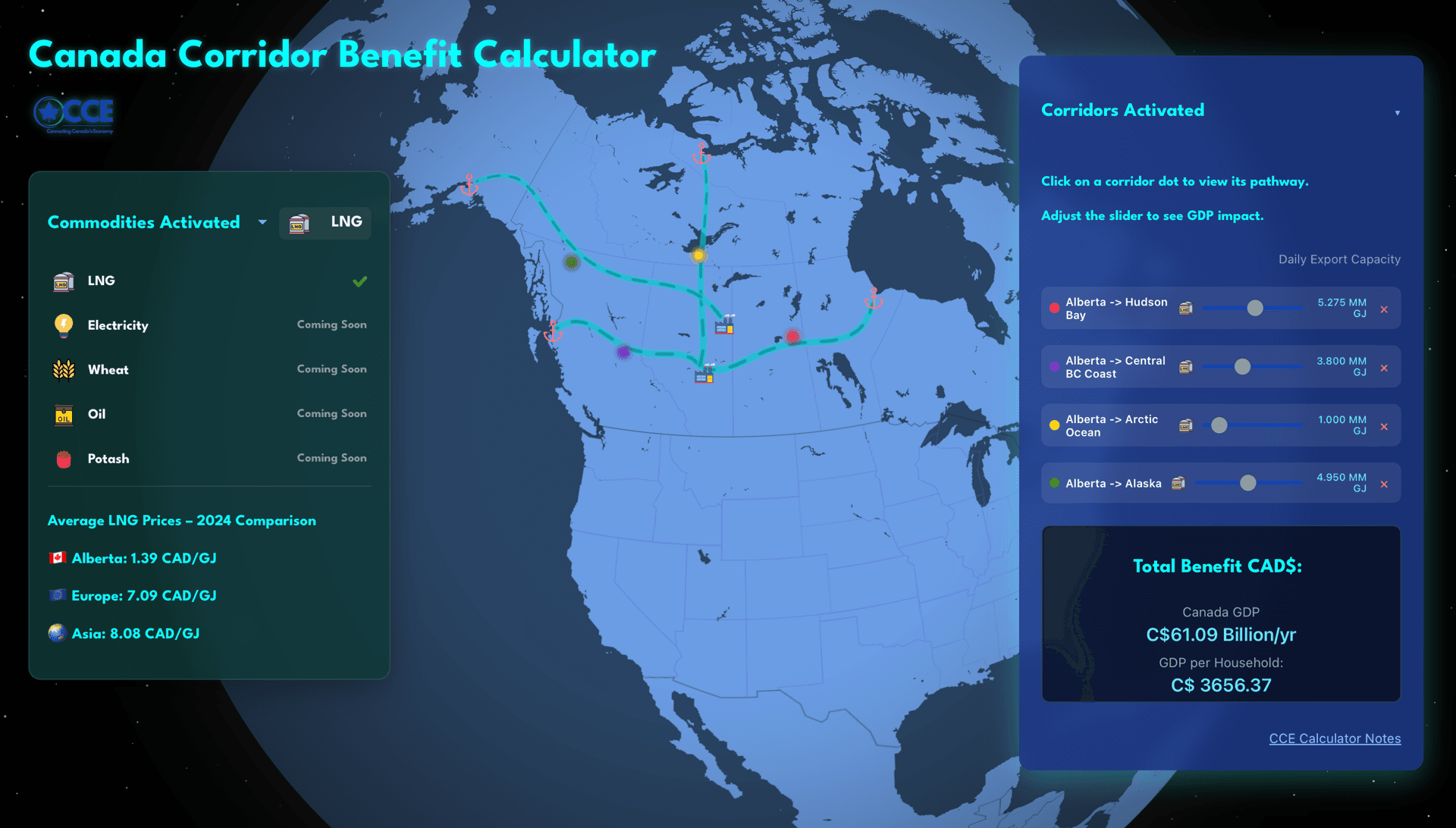 Caneconomy LNG calculator dashboard with interactive geospatial scenario controls